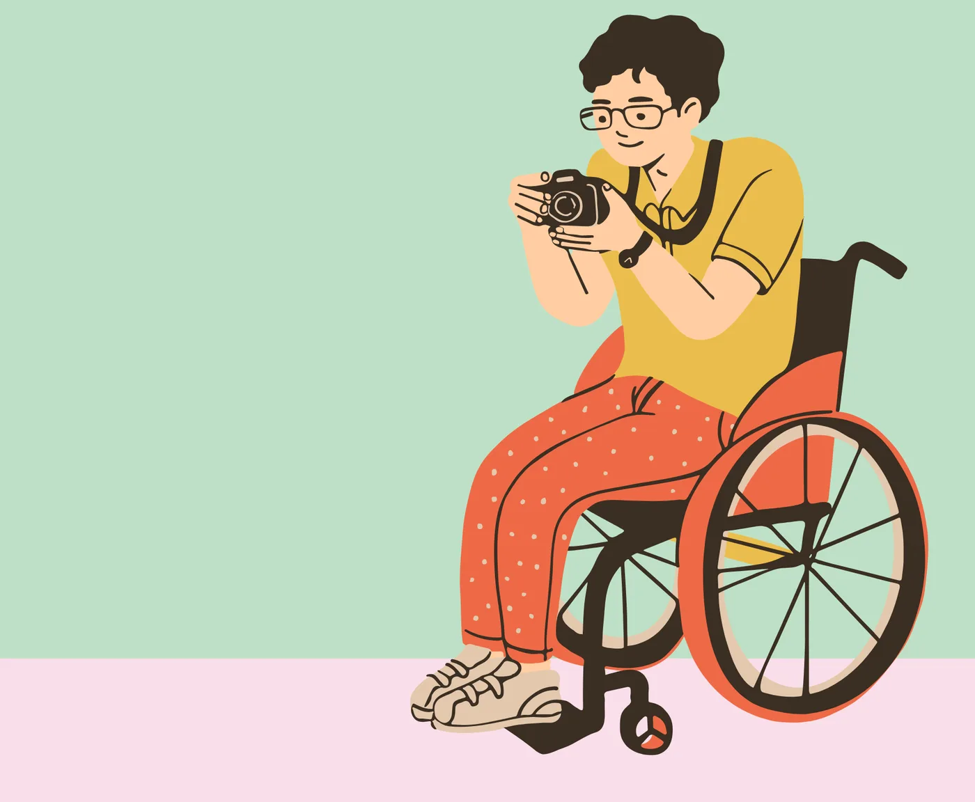 Illustration: Ein Junge im Rollstuhl fotografiert mit einer Kamera